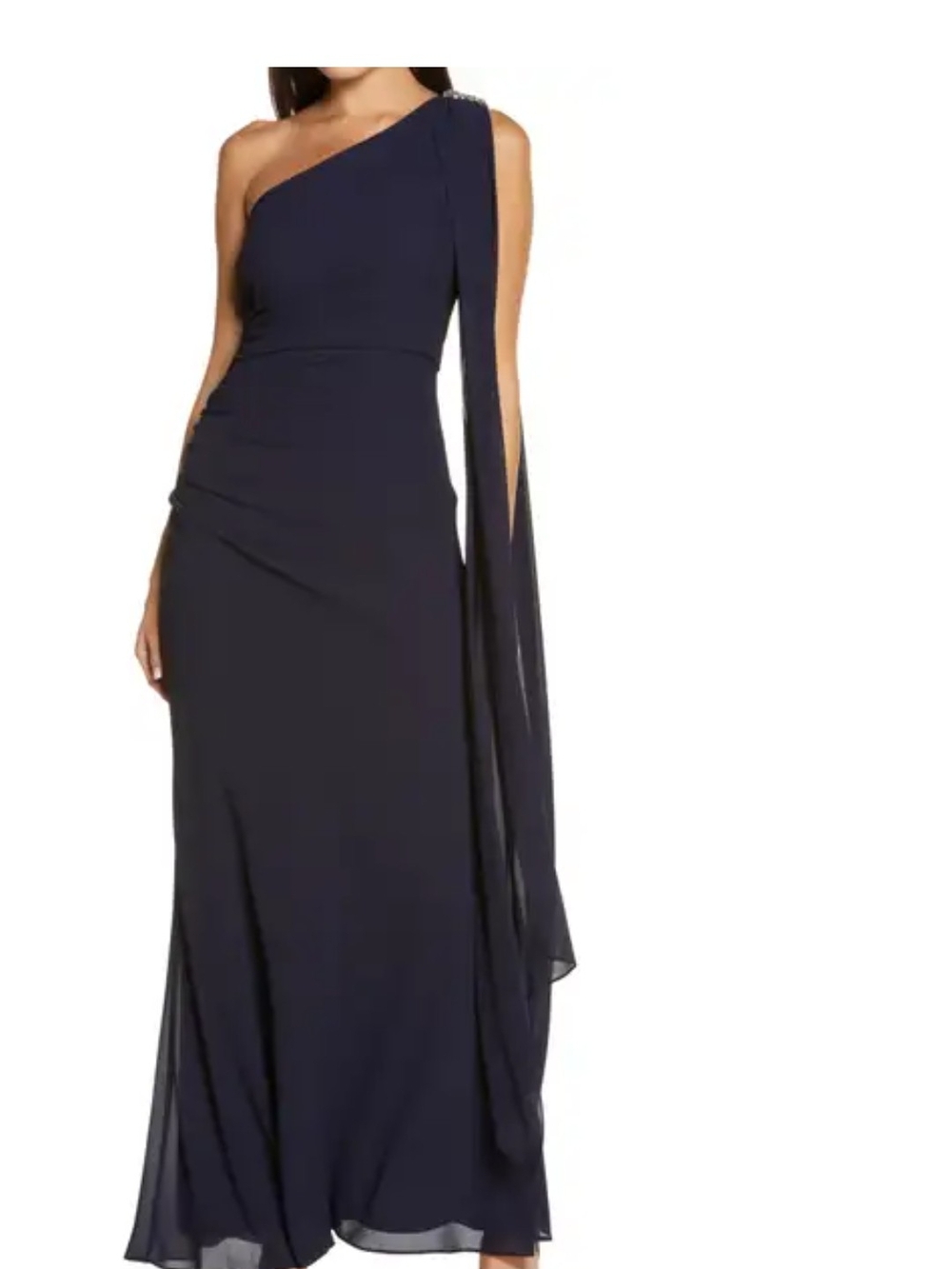 Vince Camuto One-Shoulder Navy Evening Gown with Draped Sash